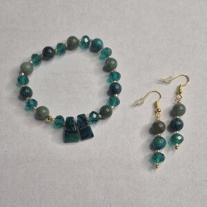Azurite-Malachite Matched Pair Cabochon Bracelet And Earrings